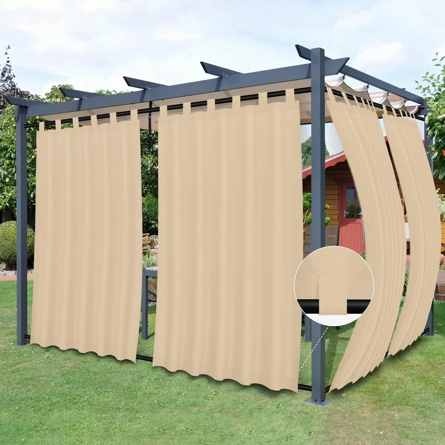 Outdoor Patio Curtains Detachable Tab Top Windproof Weatherproof Curtain for Cabana, Porch, Pergola and Gazebo, Tab Bottom Drape, 2 Panels, 54W x 84L inch, BeigeGift