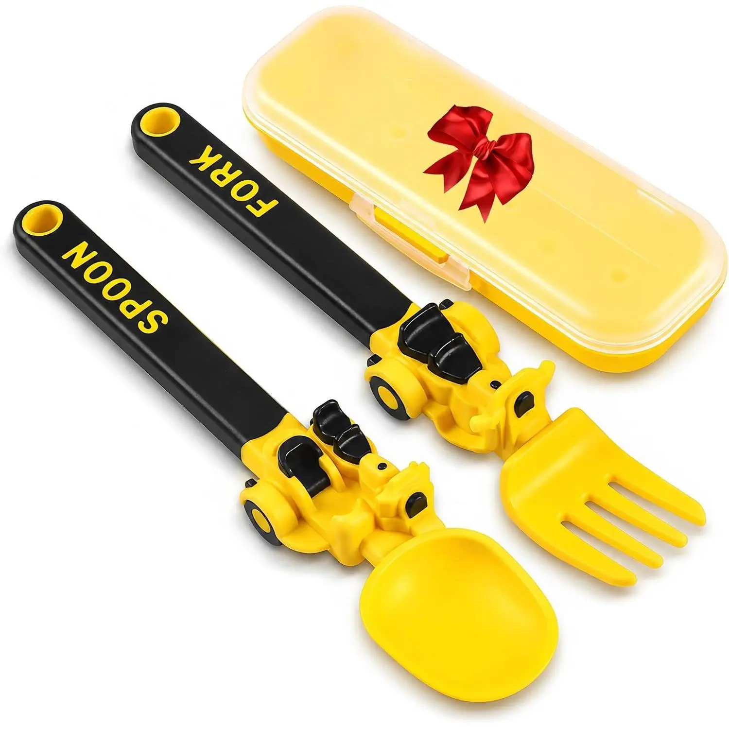 Toddler Construction Motorcycle Forks and Spoons Silverware Set - Kids Utensils for School Lunch, Travel, Outdoors - Yellow(Gift)