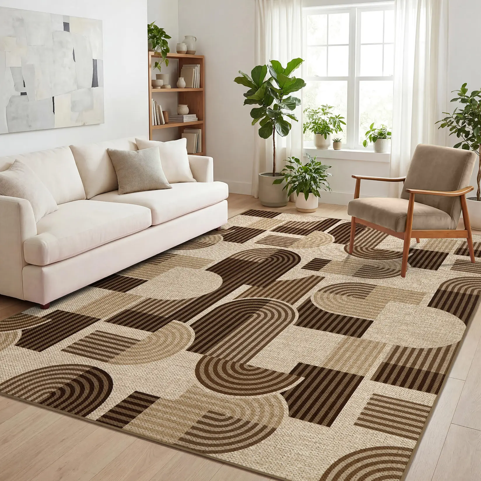 Modern Abstract Geometric Print Soft Touch Area Rug - Ultra-Thin, Foldable, Lint-Free, Stain-Resistant, Fade-Resistant, Non-Slip, Washable Floor Mat for Multiple Rooms (Living Room, Bedroom)