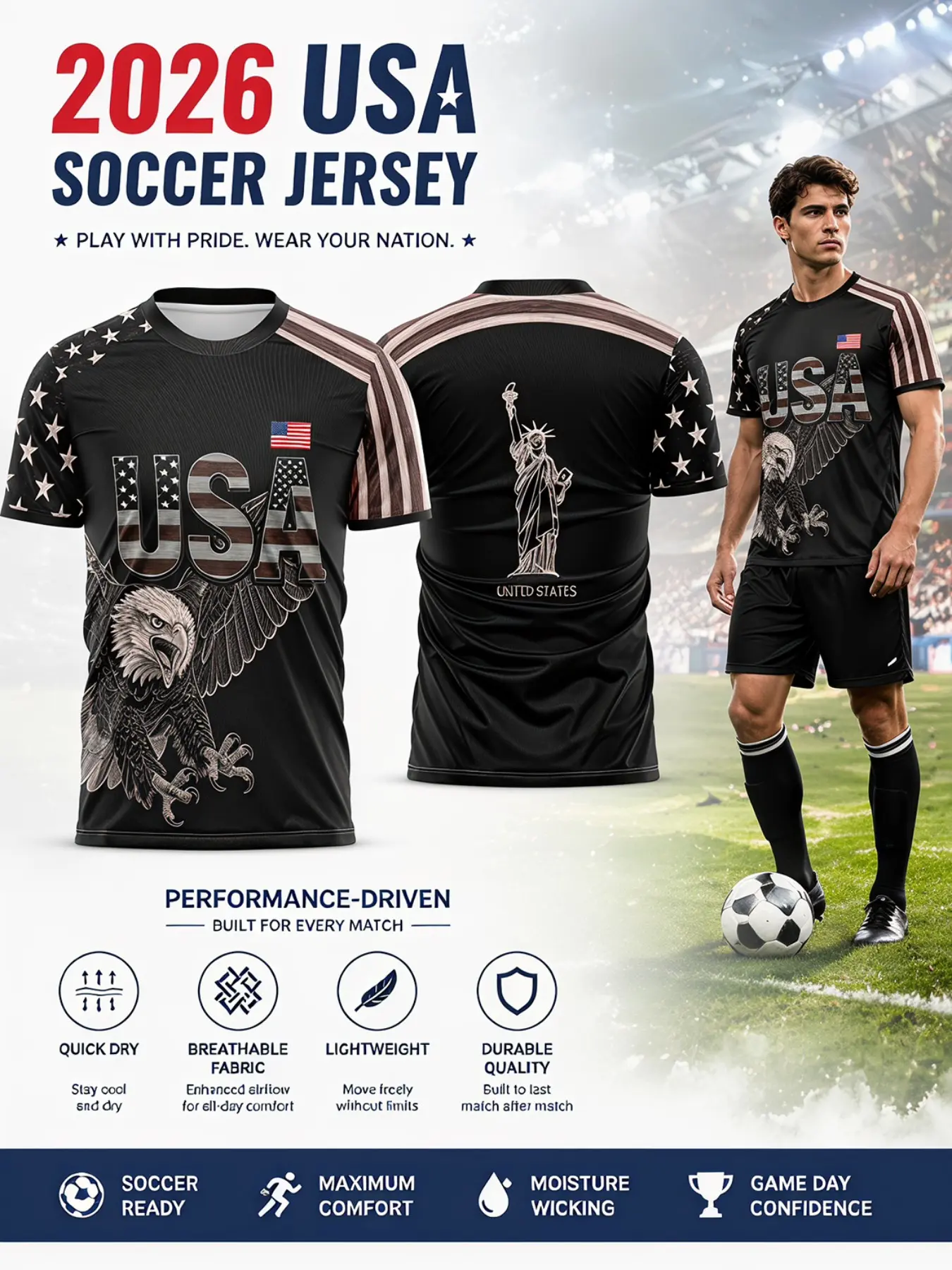 2026 American Traditional Soccer Jersey, Football Jersey, Quick-Dry Breathable Mesh, Patriotic Eagle and Star Stripe Print, Slim Fit, Sporty Style