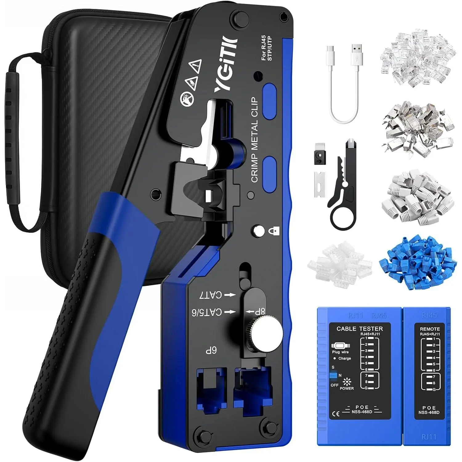 Ethernet Crimping Tool Kit RJ45 Crimp Tools,with Rechargeable Network Cable Tester,CAT5/6 CAT7 Pass Through RJ45 Connectors,Wire Crimper,All-In-One Mini Cable Stripper for Network Installer