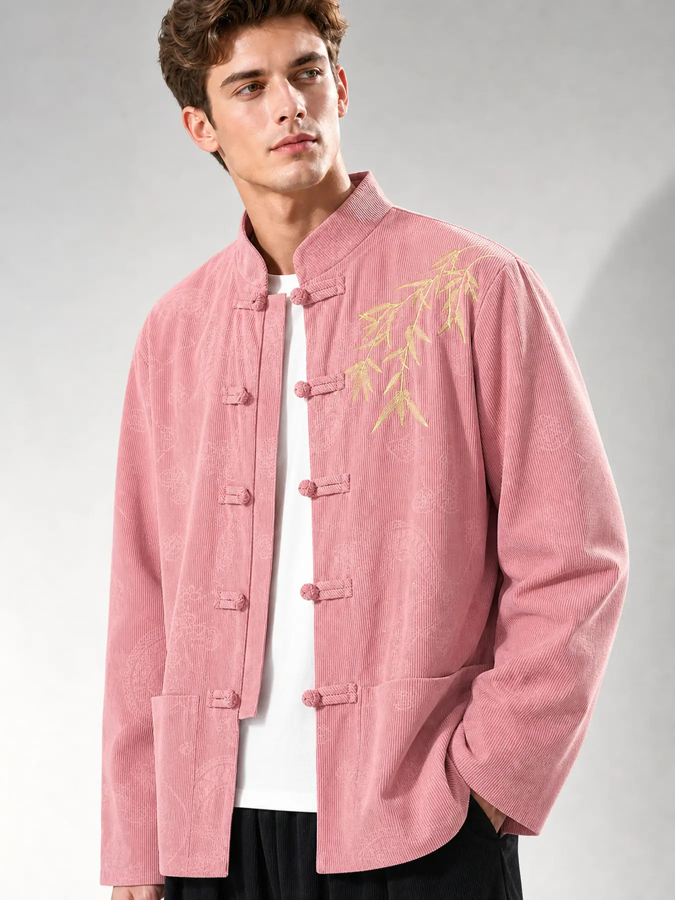 1. PC Men's Corduroy Jacket Spring/Summer Edition, with a stand-up collar design, a traditional Chinese style oversized jacket, featuring bamboo leaf embroidery, windproof and comfortable, versatile and practical, suitable for daily commuting.