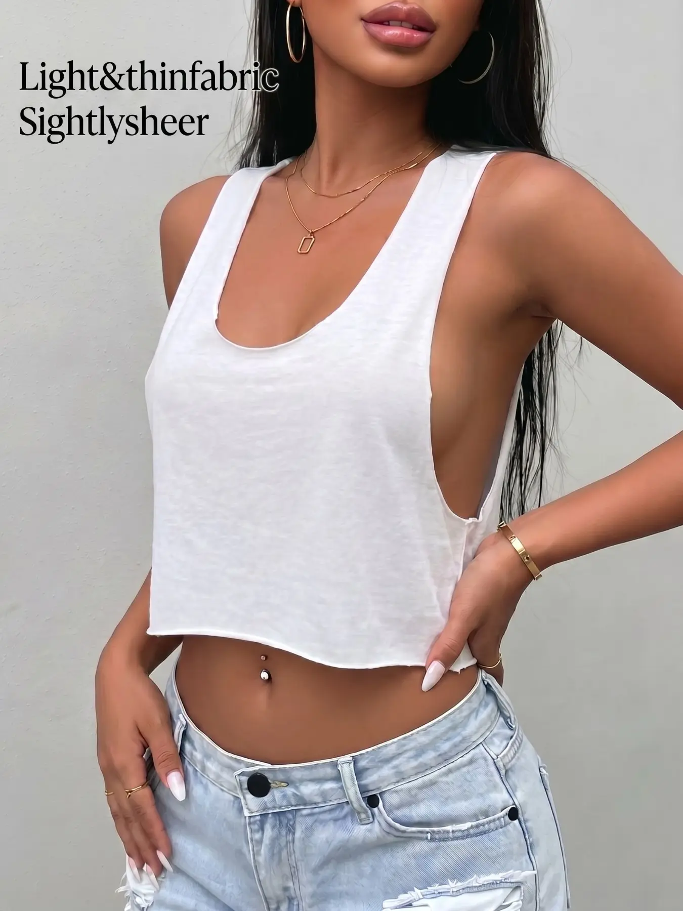 Solid White U-Neck Open Back Crop Tank Top, Deep Side Cut and Raw Hem, Loose Drop Shoulder Fit, Lightweight Breathable Cotton Fabric, Minimal American Baddie Casual Style, Versatile Basic Top for Daily, Gym & Layering