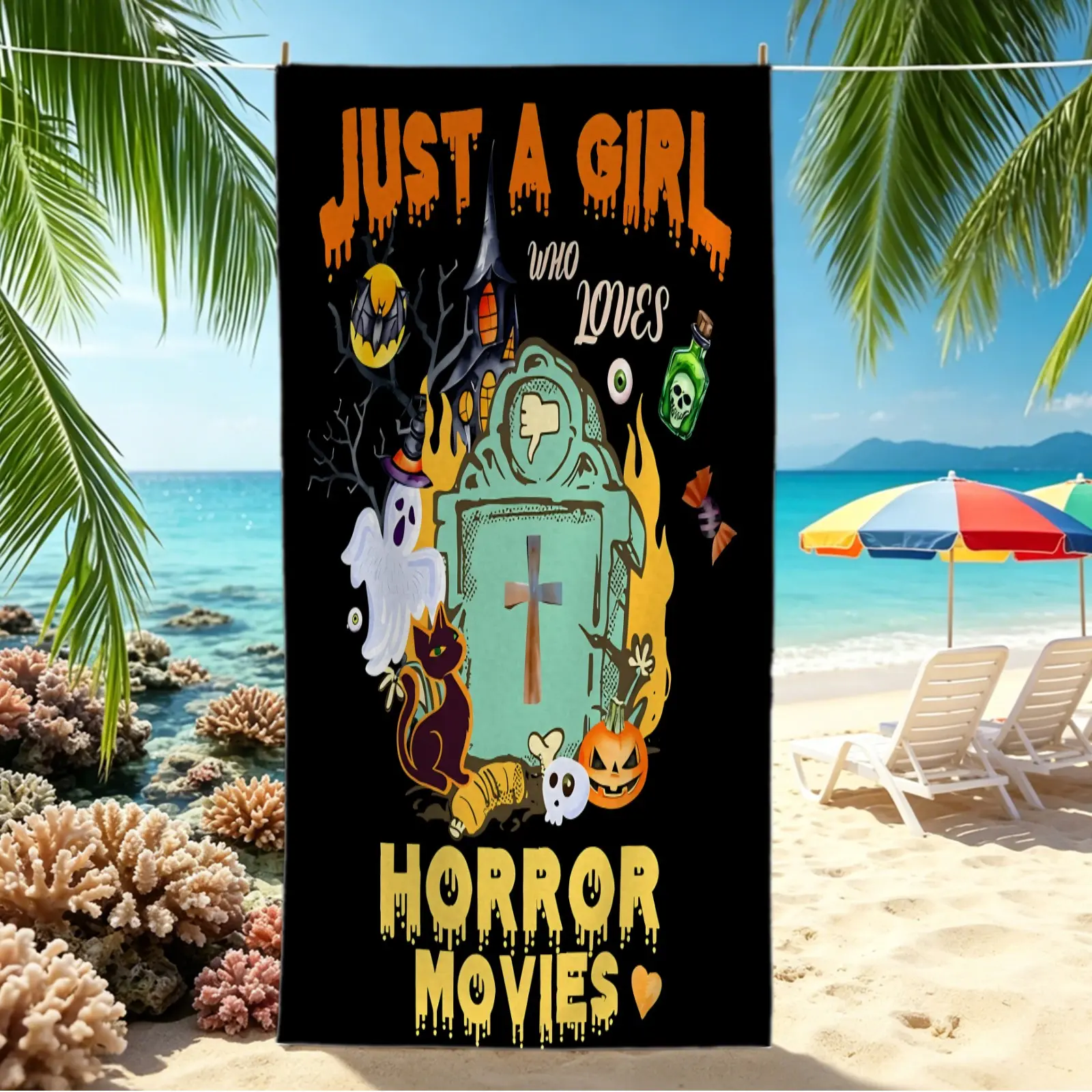 Vintage Gothic Halloween Digital Print Beach Towel, Quick Dry Pool Towel, Portable Camping Towel, Absorbent Bath Towel Blanket With Skeleton Witch Pattern, Ideal For Travel Beach Pool, Unique Halloween Holiday Accessory For Adults