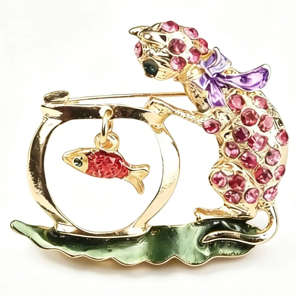 Whimsical Cat Fish Tank Brooch Pink Crystal Enamel Jewelry for Women