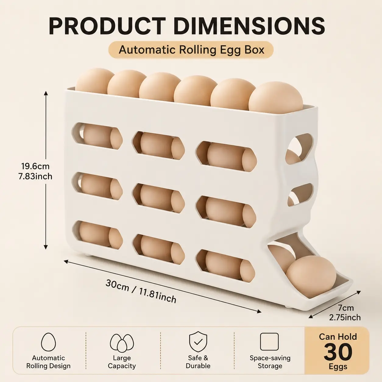 4-Tier Rolling Egg Storage Rack, Holds Up to 30 Eggs, Space-Saving Side Door Design, Kitchen Refrigerator Organizer Rack, Durable Plastic Egg Storage Box with Carry Handle