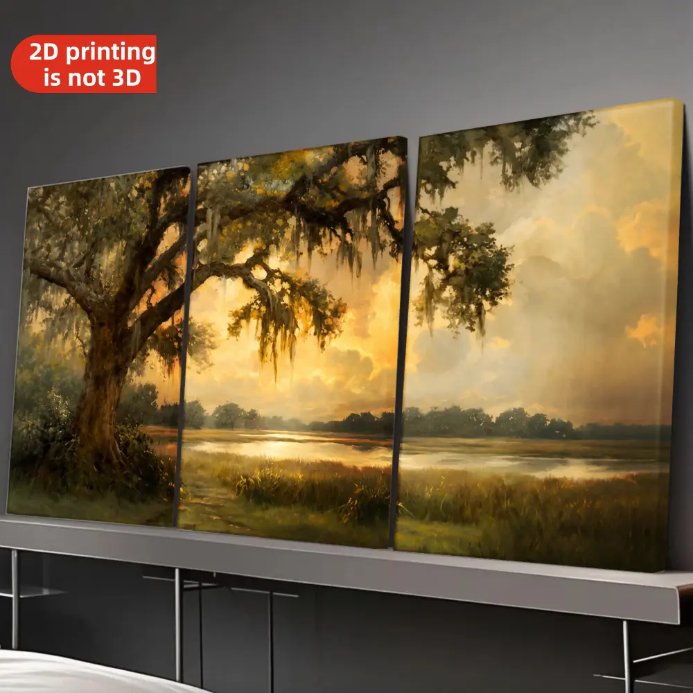 Artistic 3-Piece Modern Spanish Moss Oak Framed Canvas Wall Art - Golden Sunset Mist River Landscape Triptych, 12x16in/30x40cm Wrap-Around Print, Artwork for Living Room Decoration, Hanging Home Decor Supplies, Wood