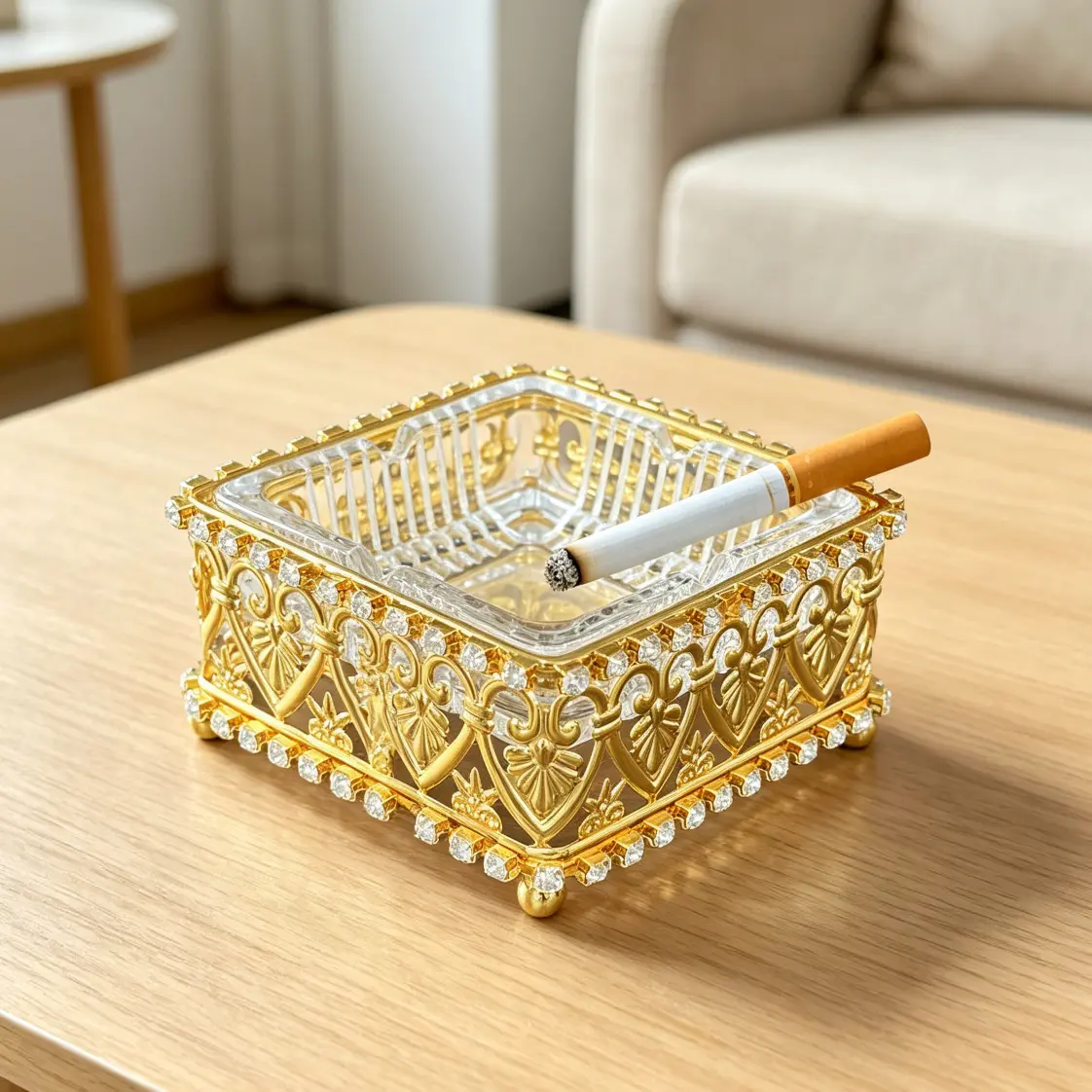 Square Vertical Stripe Glass Ashtray, Rhinestone Heart Cutout Frame, Crystal Iron Ashtray with Ball Base, Luxurious Desk Decor