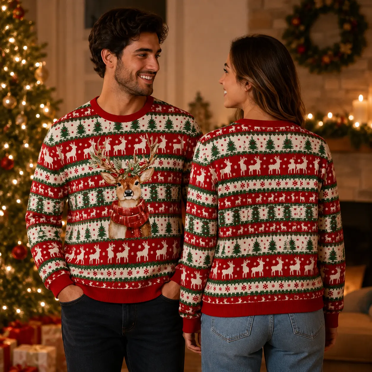 Christmas Ugly Sweater Sweatshirt for Men Women, Holiday Santa Claus Reindeer Graphic Crewneck Pullover, Funny Christmas Winter Sweater with Snowflake Tree Pattern, Festive Family Party Outfit, Xmas Gift Top for Holiday Celebration Casual Cold Weather Wea
