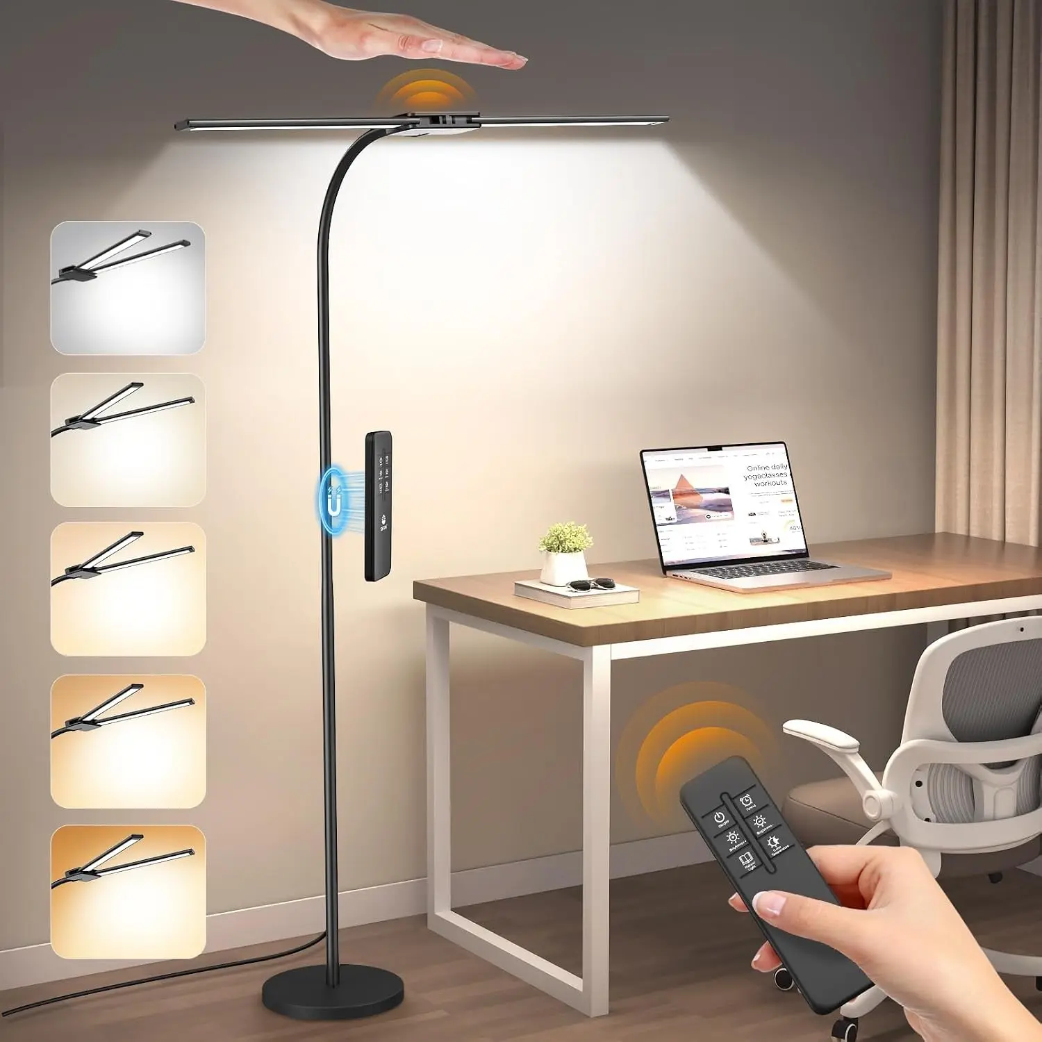 LED Floor Lamp, 18W 2000LM, Bright Reading Lamp for Office, Gesture & Remote Control, Dual Head Goose-Neck Standing Lamp, Dimmable Brightness & Color Temp, Eye Caring Light for Living Room
