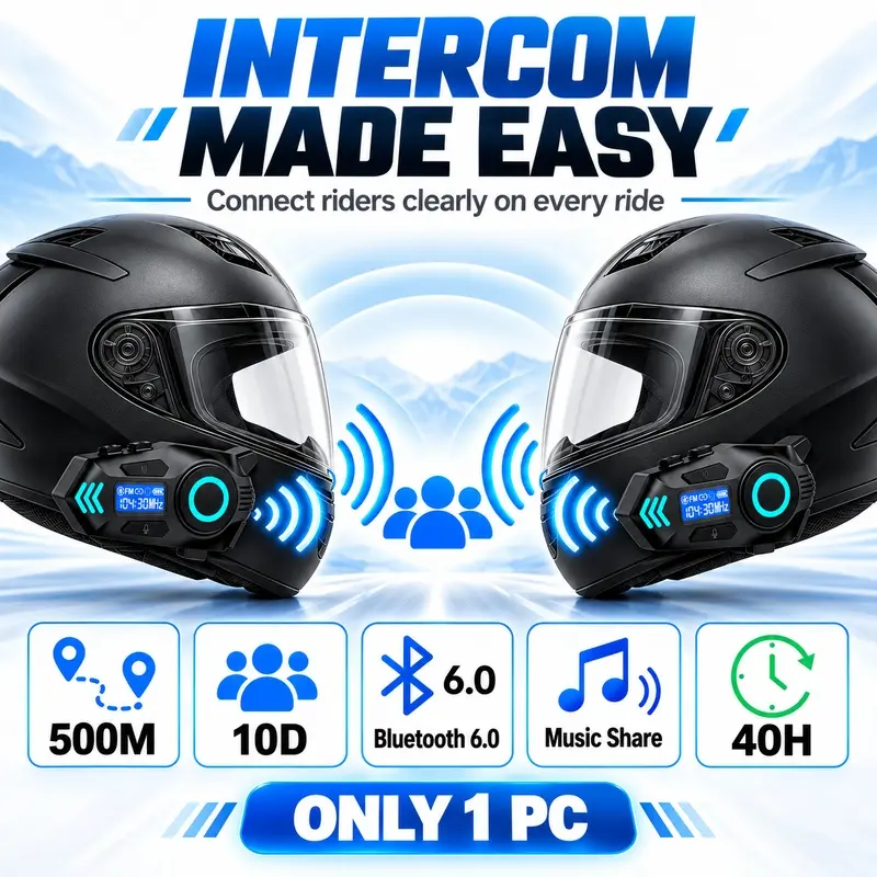 Bluetooth 5.0 Motorcycle Helmet Speaker, Wireless Intercom with Music Sharing, Hands-Free Calls, FM Receiver and IP65 Protection
