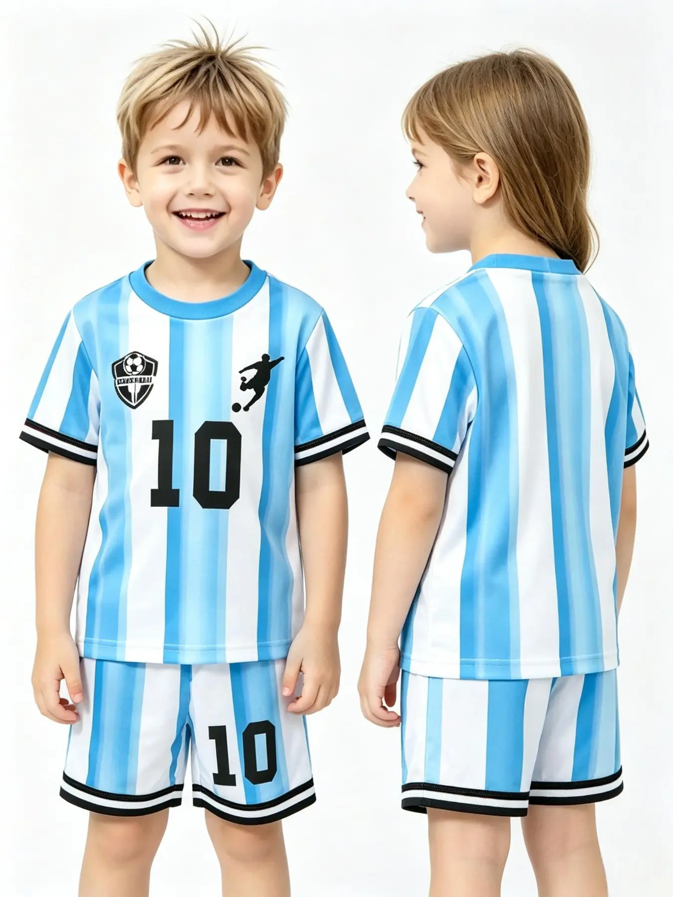 Children's Argentine Style Blue And White Vertical Stripes No. 10 Printed Football Short-Sleeved Suit, Fashionable Casual Sports T-Shirt And Shorts Two-Piece Set For Boys And Girls, Summer Trendy Children's Clothing, Football Kits, 2026 New Style