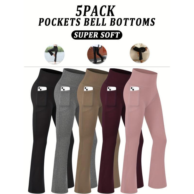 5-Pack Women's Super Soft Flare Pants With Pockets, High Waisted Tummy Control Athletic Yoga Boot Pants