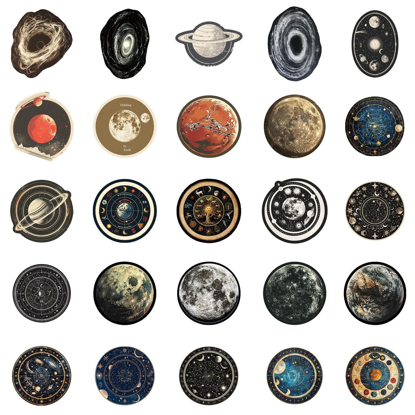 Space Themed Sticker, 50pcs/set Waterproof Self Adhesive Decor Paper with Storage Box, Decor Sticker for Gift Greeting Card Water Bottle Laptop Phone, Sticker Packs
