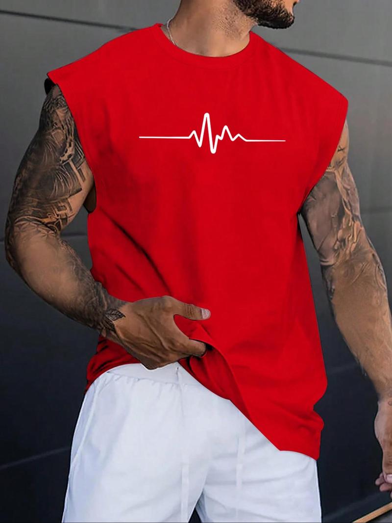 Men's Heartbeat Print Round Neck Tank Top, Athletic Tank Tops, Regular Fit Casual EKG Graphic Sleeveless Top for Summer, Men's Top for Daily Wear, Socks