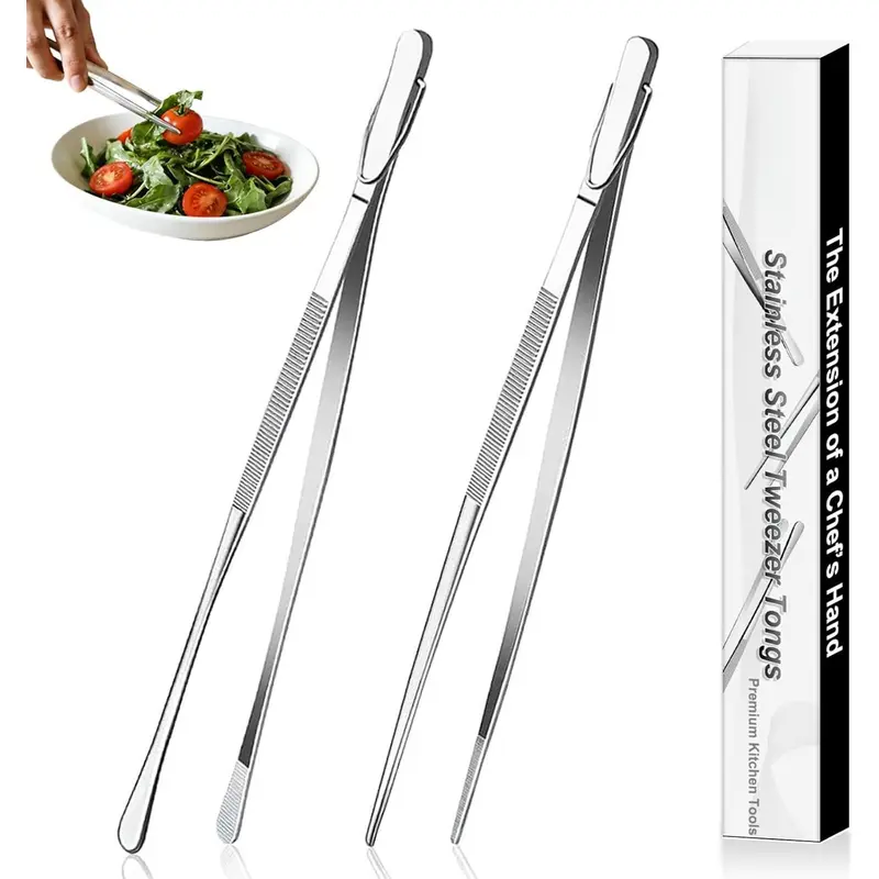 Stainless Steel Kitchen Utensils - 2-Count 12-Inch Durable Serrated Tongs, Dual-Tip Grip, Rust-Resistant, Heat-Resistant, Non-Slip, Easy Cleaning, Hook-Equipped Grill Barbecue Cooking Accessories