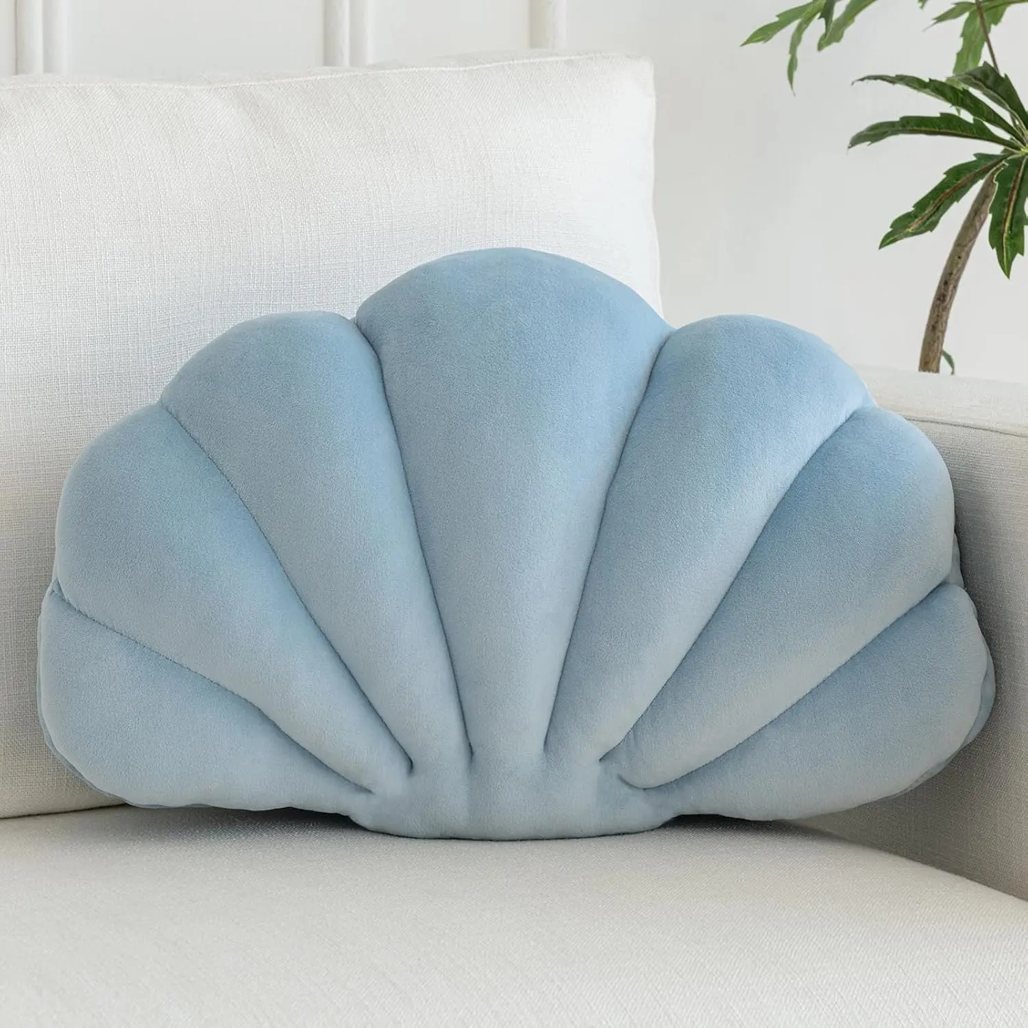 Dusty Blue 13x10 in Shell-Shaped Velvet Throw Pillow with Velvet Softness, Cute Seashell Design & Beachy Look for Couch, Bedroom Home Decor