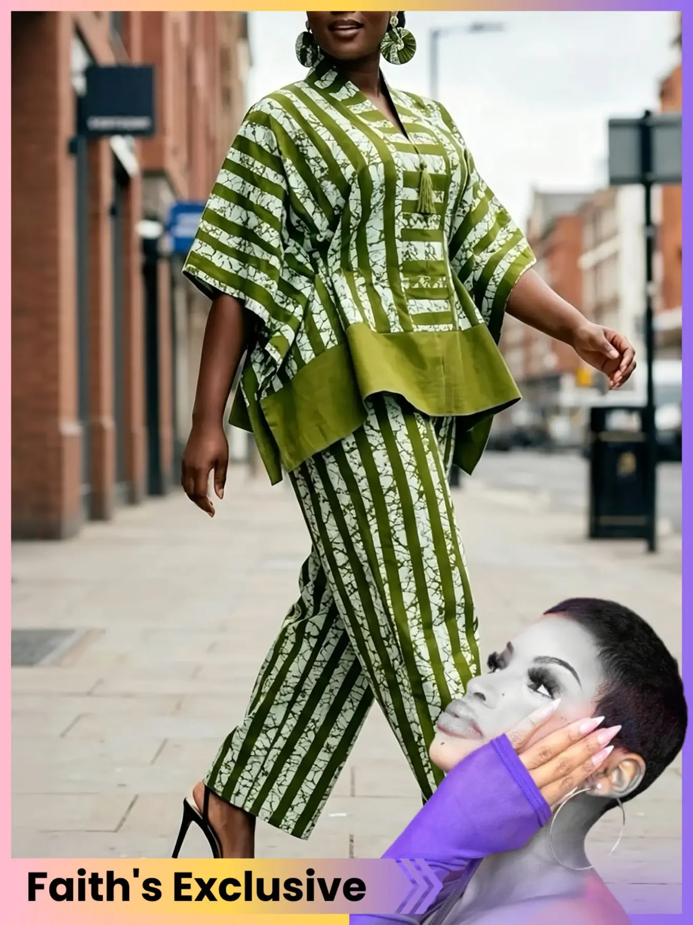 Women's Two-Piece Set, Striped Print V-Neck Blouse Shirt Top with Straight Leg Pants, Urban Style, Faith's Exclusive Collection