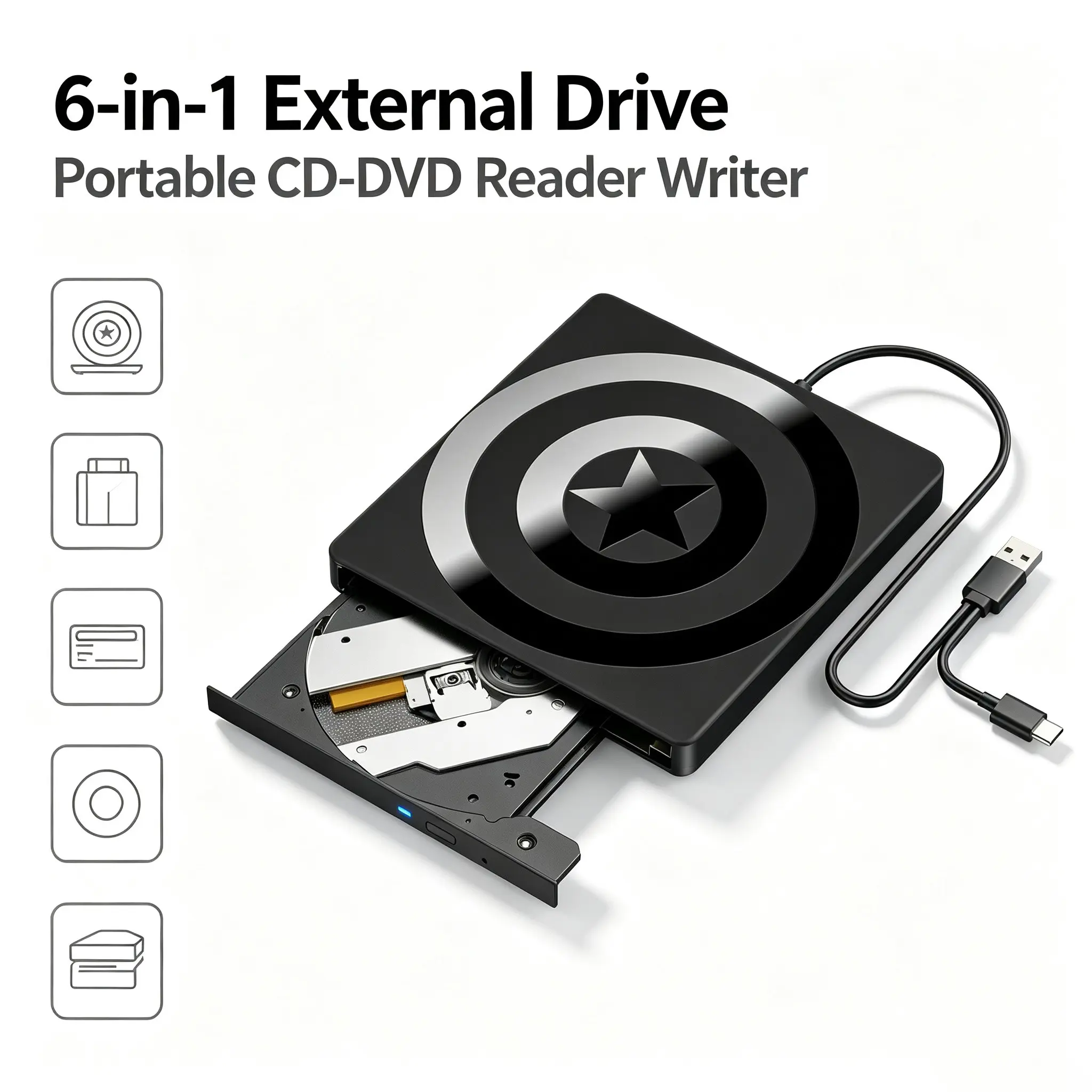 6-in-1 External CD DVD Drive, USB 3.0 & Type-C Dual Port Portable DVD CD Reader Writer, Ultra Slim High Speed Optical Disc Drive Compatible with Windows 11/10/8/7 Linux Laptop Desktop PC
