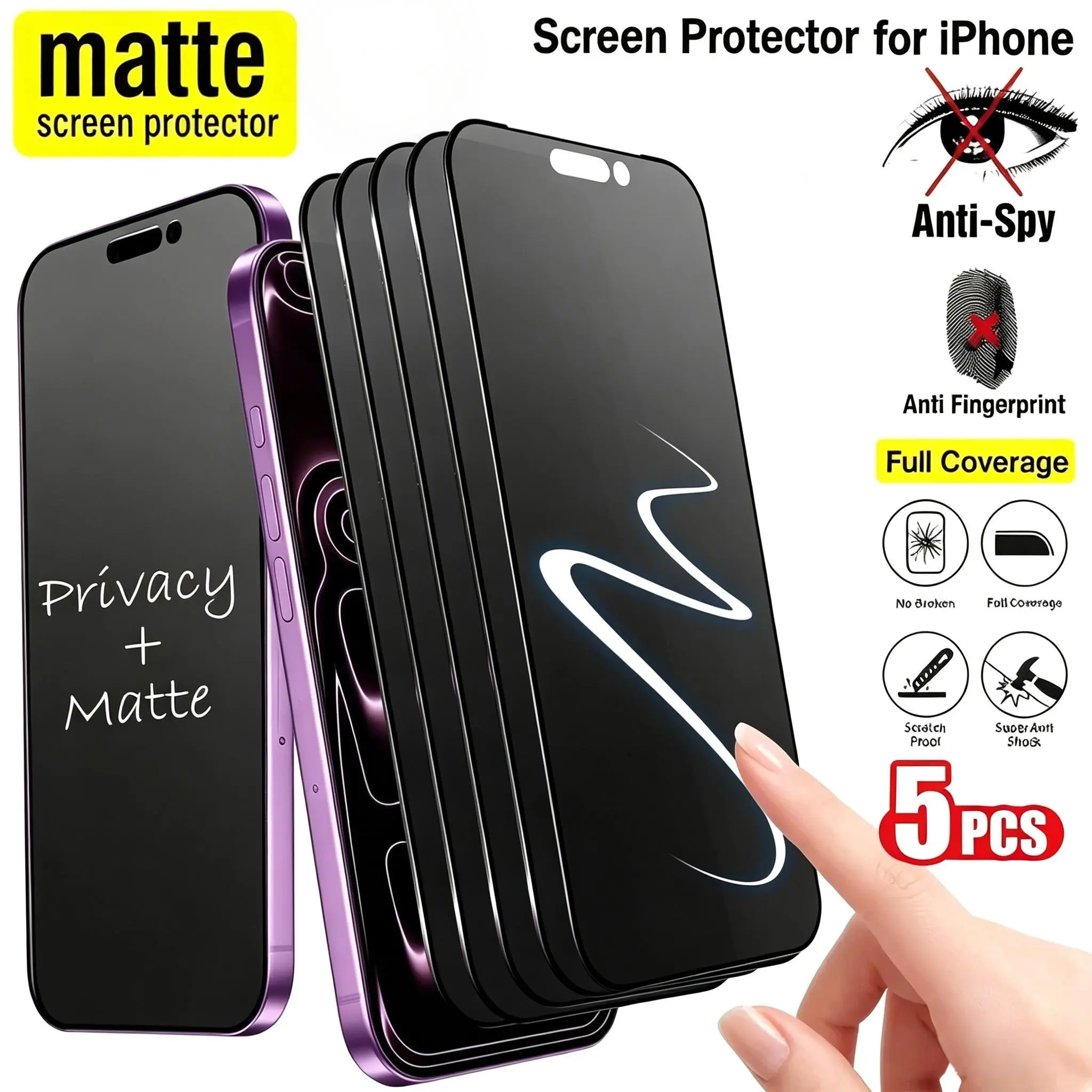 5pcs Ceramic Frosted Privacy Screen Protector, Full Coverage Anti-Spy Tempered Glass for iPhone 17/16/15/14/13/12/11/17 Pro Max/17 Pro/16 Pro Max