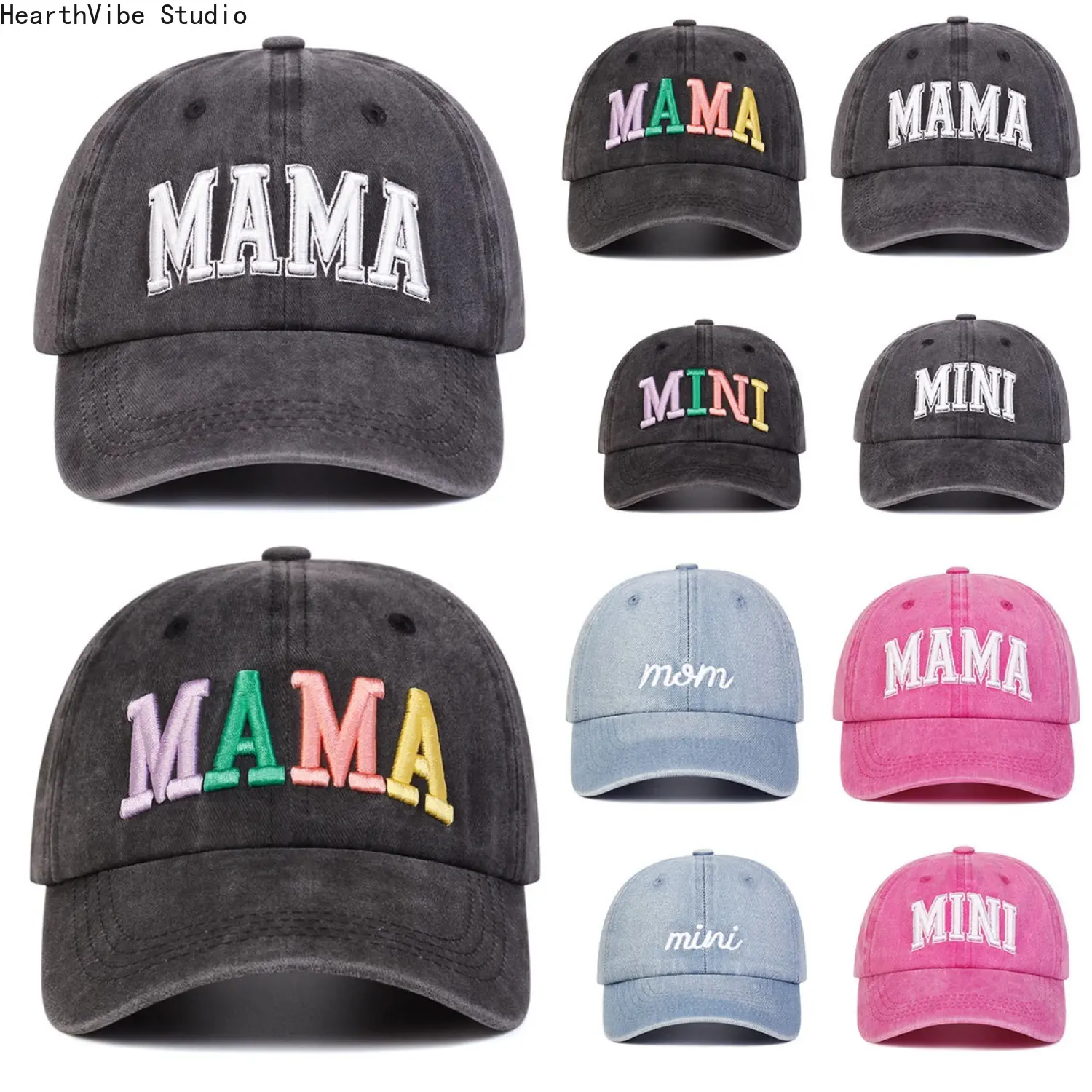 Matching Baseball Caps for Mother and Daughter, 2-Piece MAMA & MINI Cotton Embroidered Hats, Adjustable Casual Sun Protection for Outdoor Travel, Cotton Embroidered Caps
