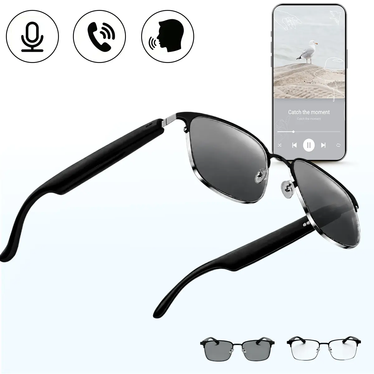 Smart Glasses, Bluetooth Audio Sunglasses with Hands-Free Calls, Touch Control, Photochromic Lenses for Work Driving Daily Wear, Multifunctional Smart Glasses