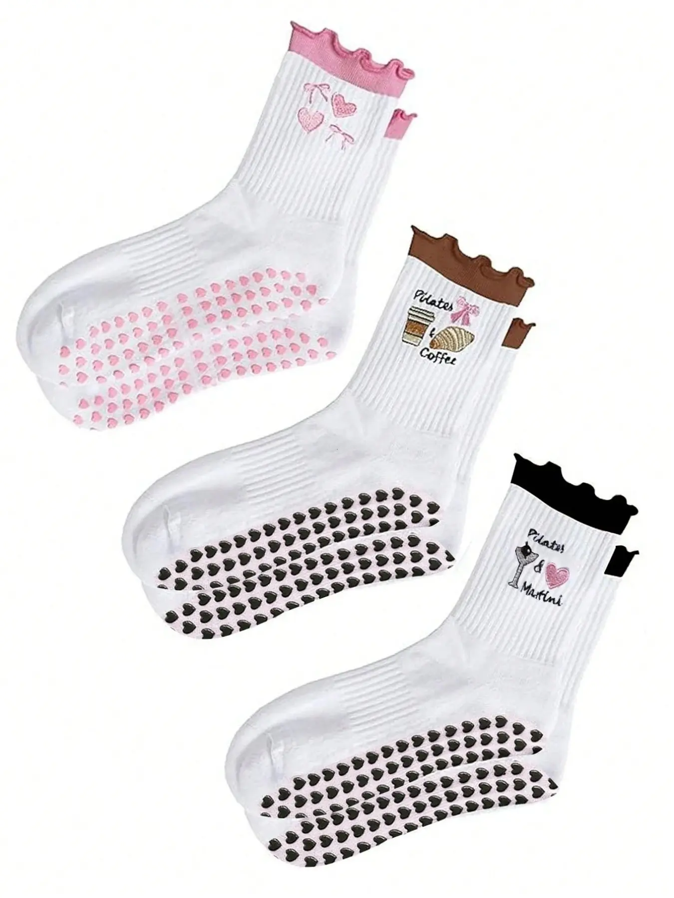 3 Pairs Women's Crew Socks, Cute Princess Style Indoor Pilates Yoga Socks, Sweet Lace Embroidery Mid-Calf Socks, Anti-Slip Sport Socks, Comfortable & Odor-Resistant