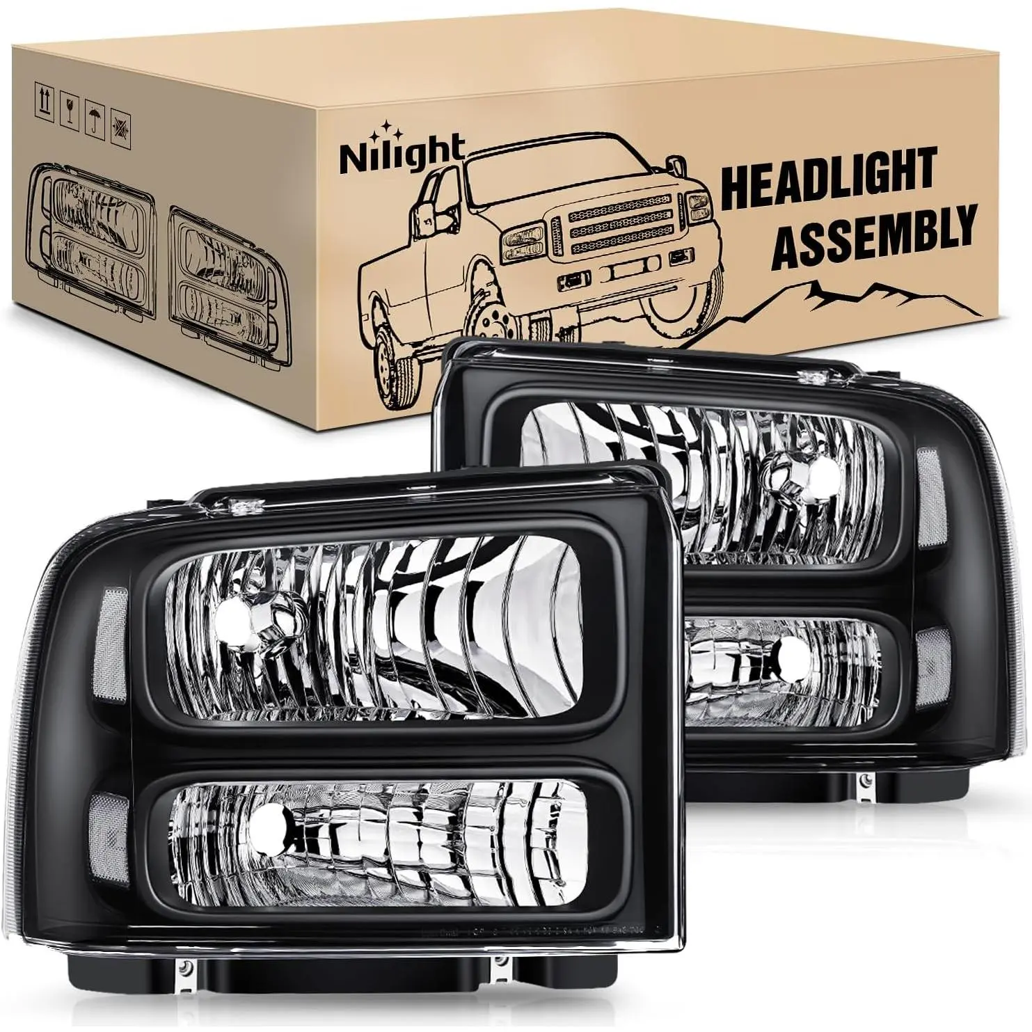 Nilight Headlight Assembly, OE Standard, IP65, Anti-Fogging, Plug-and-Play Replacement for 2005-2007 F250 F350 F450 F550 Super Duty, Black Housing, Clear Corner, Clear Lens, Ideal for Night Driving