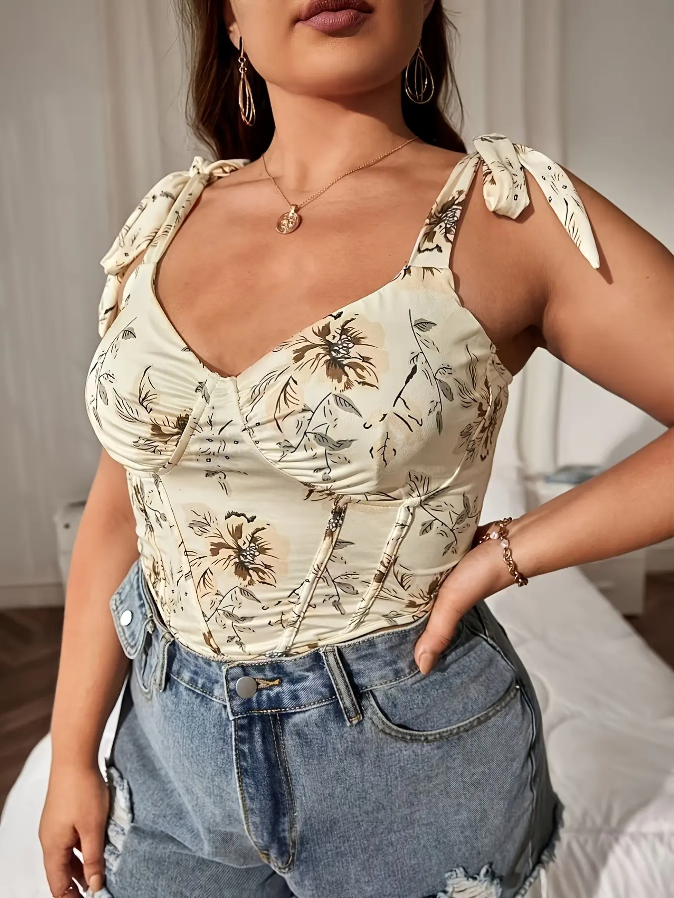 Plus Size Women Medium Stretch Floral Corset Crop Top Tie Strap Sweetheart Neck Bustier Shirt Flattering For Curvy Girls Cottagecore Aesthetic Summer Picnic Vacation Outfit Cute Everyday Casual Wear