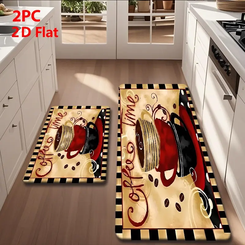 2/3pcs Flannel Kitchen Floor Mat Set, Retro Coffee Cup Design, Non-Slip, Absorbent, Ideal for Kitchen, Bathroom, Laundry Room, Hallway