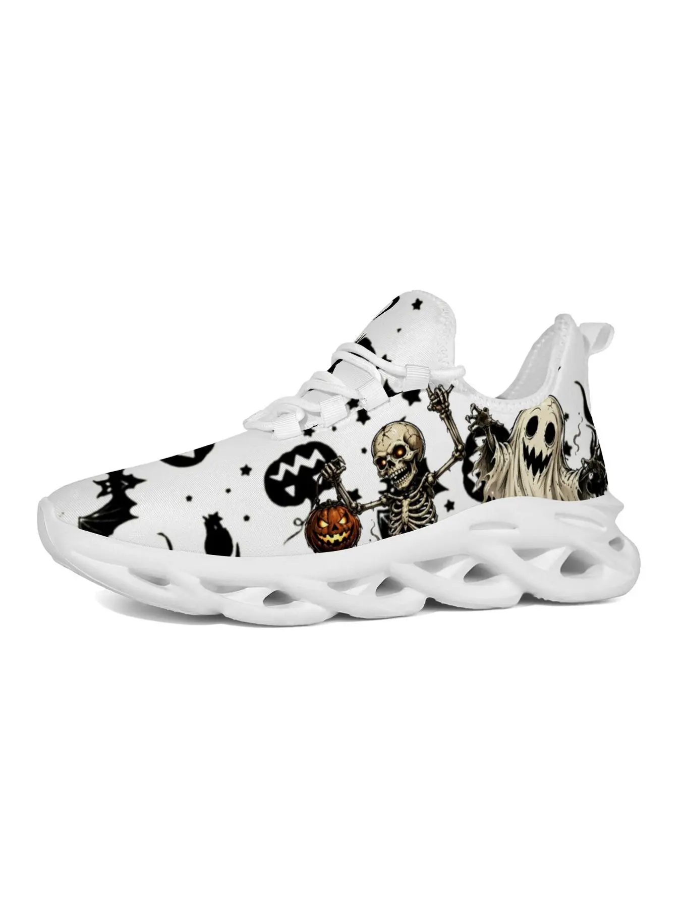 Gothic Spooky Holiday Full Print Blade Type Sneakers Adult Hollow Shock Absorbing Mesh Lace Up Shoes, Skeleton Ghost Bat Pumpkin Moon Pattern Unisex Casual Street Trainers Footwear