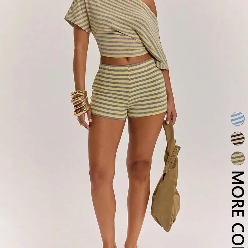 Women's 2-Piece Fitted Asymmetrical Shoulder Short Sleeve Striped T-Shirt + High Waist Shorts Set, Two Pieces Sets, Casual Home & Essential, One-Shoulder Style, Stripe Matching, Casual Summer Set