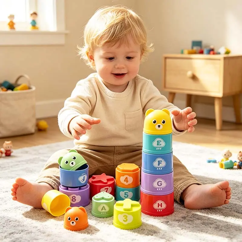 9pcs Baby Educational Stacking Cups Set, Preschool Learning Tool, Stacking Block Game, Kids Science & Education Cognition Large Particle Building Blocks, Digital Letter Pattern Stacking Cups (Random Colors)