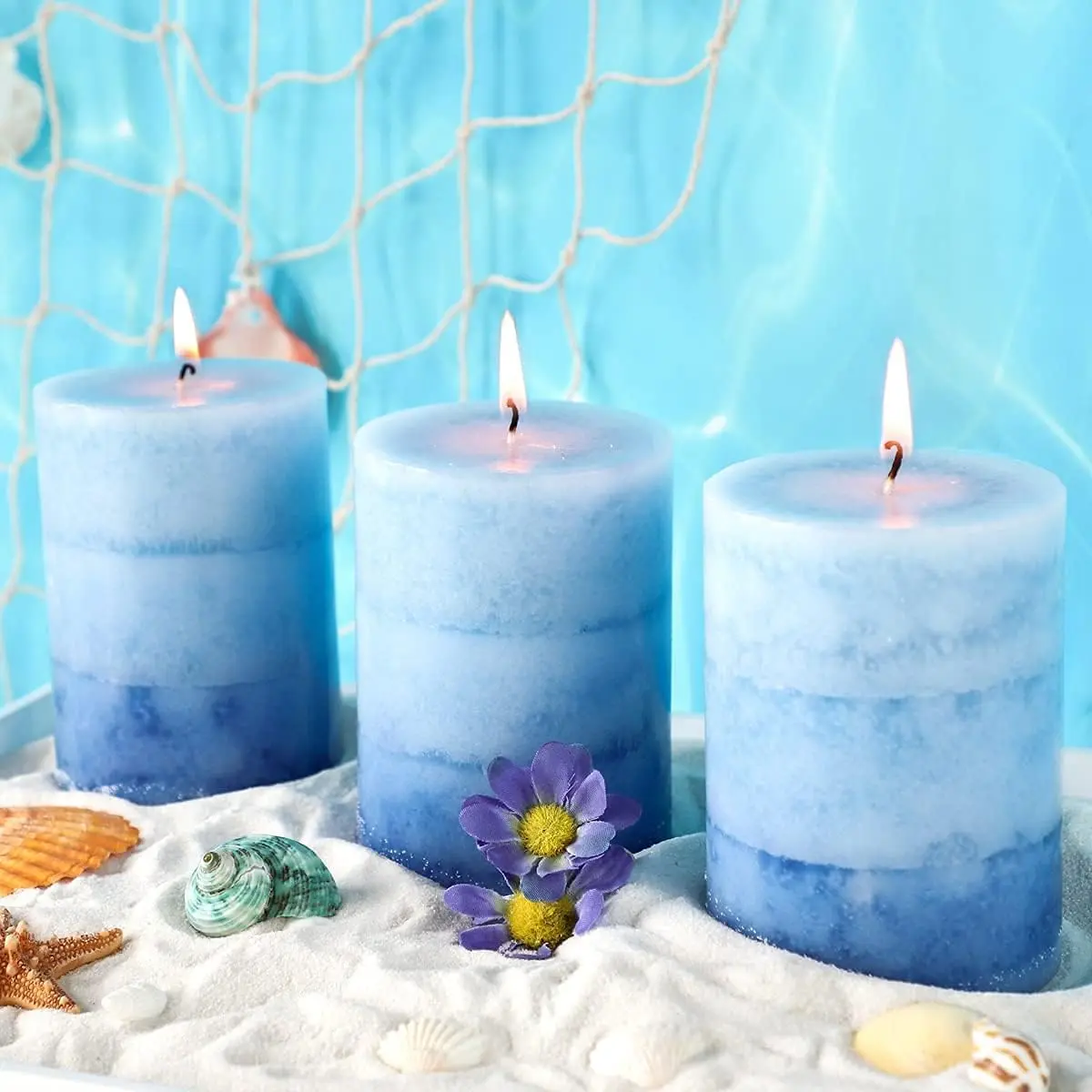 3x4 inch Blue Pillar Scented Candles 3 Pack Lilac Garden Scent Long-Lasting Hand-Poured Candle for Home Coastal Decor Wedding Party Shower Bathroom Gifts for Women