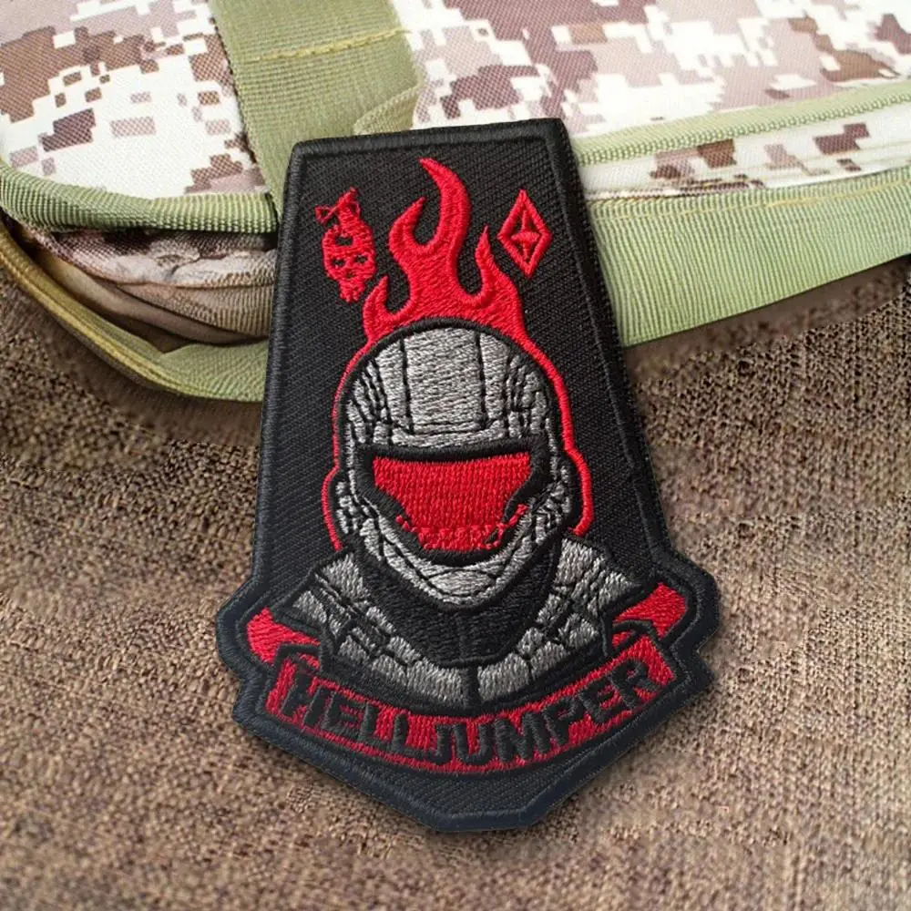 Helljumper Patch Orbital Drop Shock Troopers Tactical Morale Badge Red Flaming Helmet Embroidery Hook and Loop Patches
