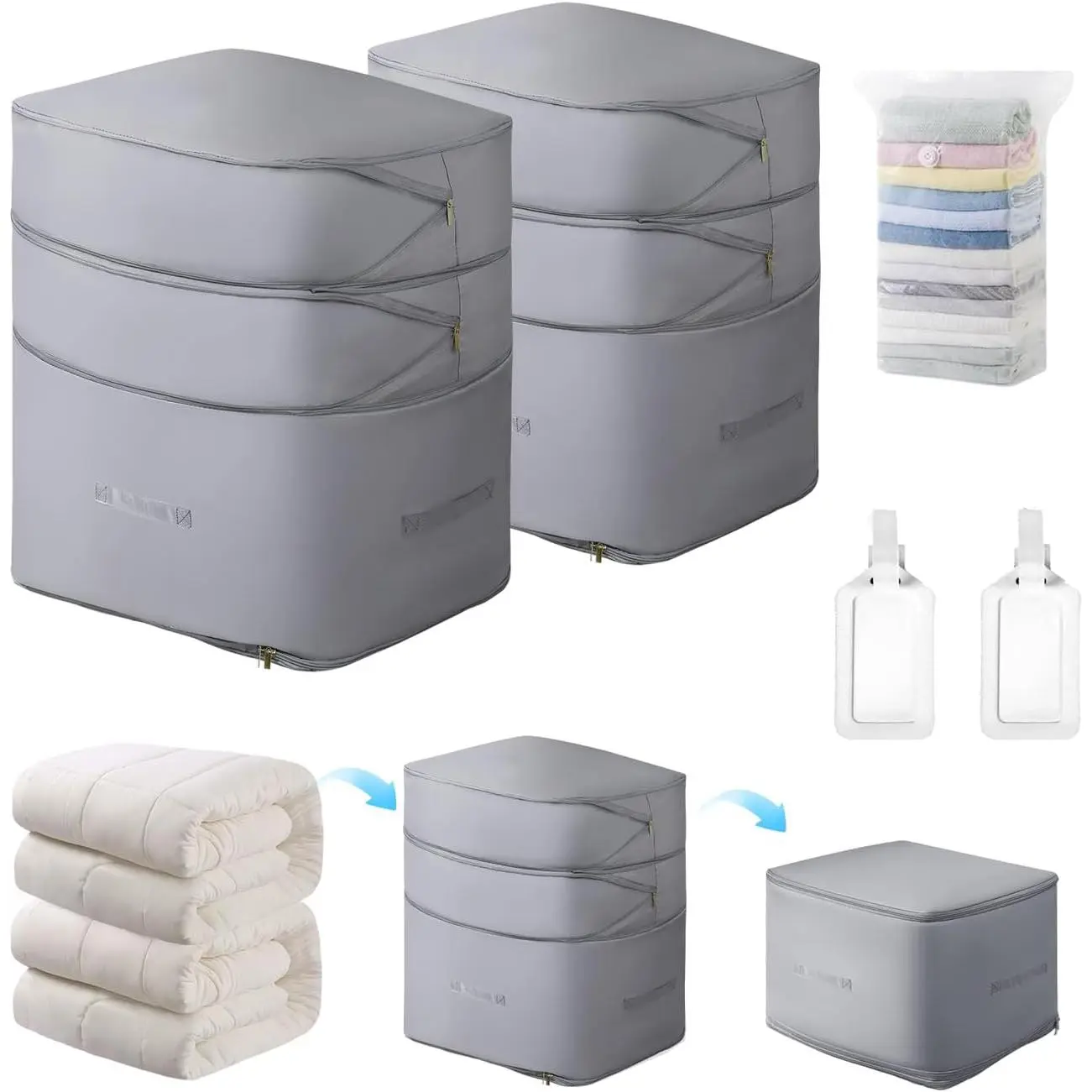 Comforter Storage Bag-Ultra Space Saving Large Self Compression Organizer for Comforters and Blanket,3-Layer Zipper Self-Compressing Organizer for Storage Bedding. (Gray, 2 Pack)