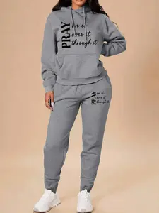 2 Pieces Womrn Sets Spring Fall Fashion Casual Home Outdoor Fitness Letter Print Women Long Sleeve Hooded Sweatshirt with Pockets + Pants Set Tracksuit
