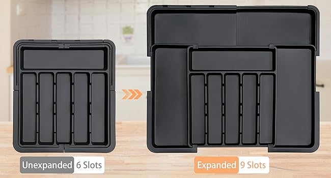 Plastic Kitchen Organizer and Storage-Silverware Organizer Expandable Kitchen Utensil Drawer Organizer Large BPA Free Adjustable Cutlery Silverware Tray for Spoons Forks Knives Storage Divider for Kitchen Flatware 6-9 Slots Black