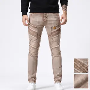 Men's Vintage Blue-Brown Wash Ribbed Patchwork Biker Jeans - Slim Fit Stretchy Breathable Easy Care Menswear Denim Streetwear Clothes, for Big & Tall Young Adults, Summer Daily Outdoor Pants