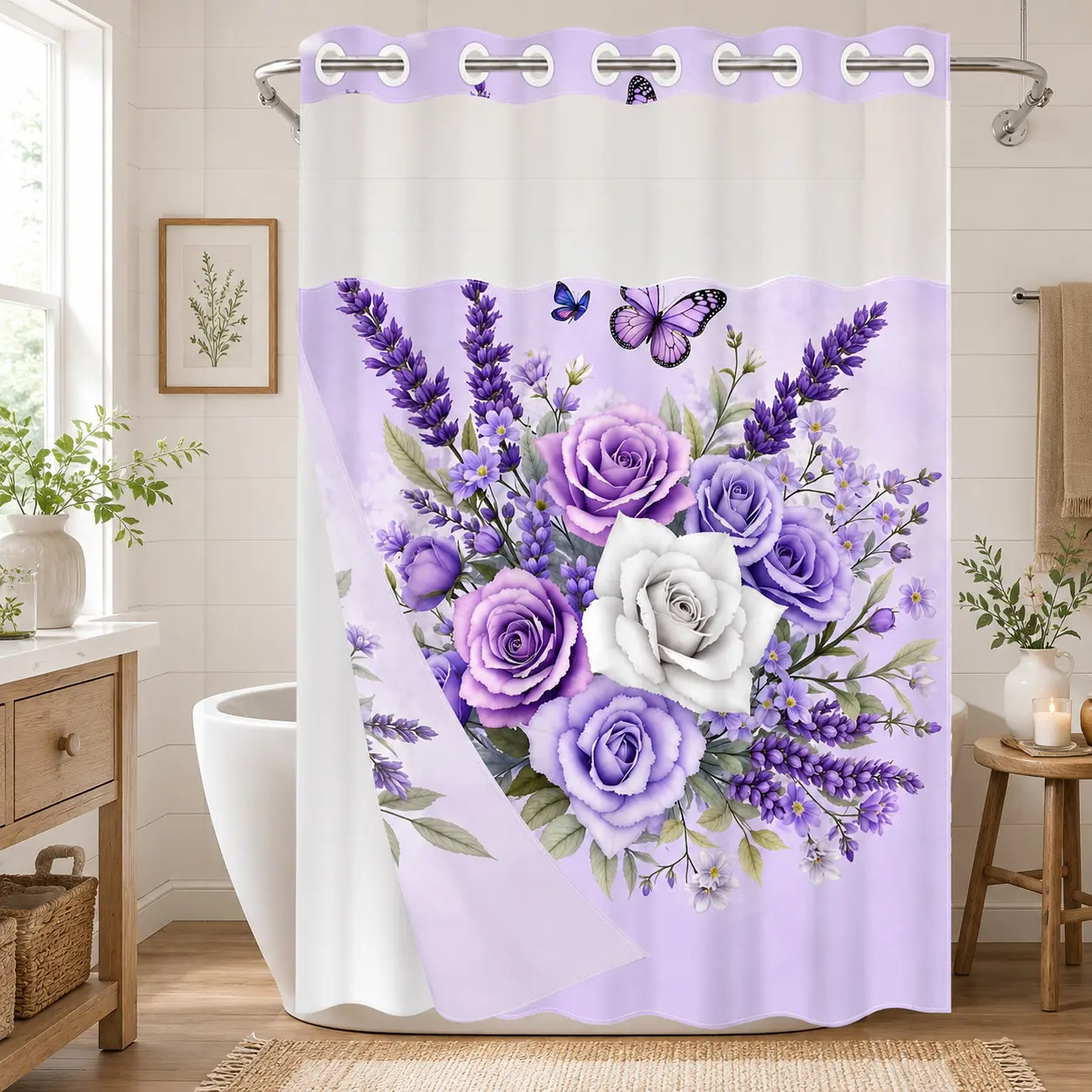 1PC 2D Flat Purple & White Rose, Lavender and Butterfly Pattern Double-Layer Woven Shower Curtain, No Hooks, Transparent Top Window, Removable Snap-On Liner, Romantic Botanical Bathroom Art Decor, Bathroom & Holiday Decoration