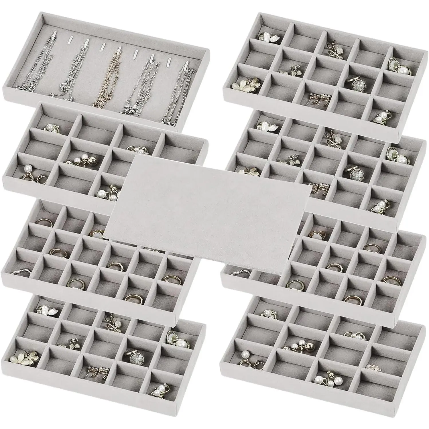 Set of 8 Stackable  Organizer Trays with 1 Lid for Drawer & Dresser Organizer, Adjustable   Box Tray Earring Organizer Necklace Storage Ring Bracelet Display Case (Gray)