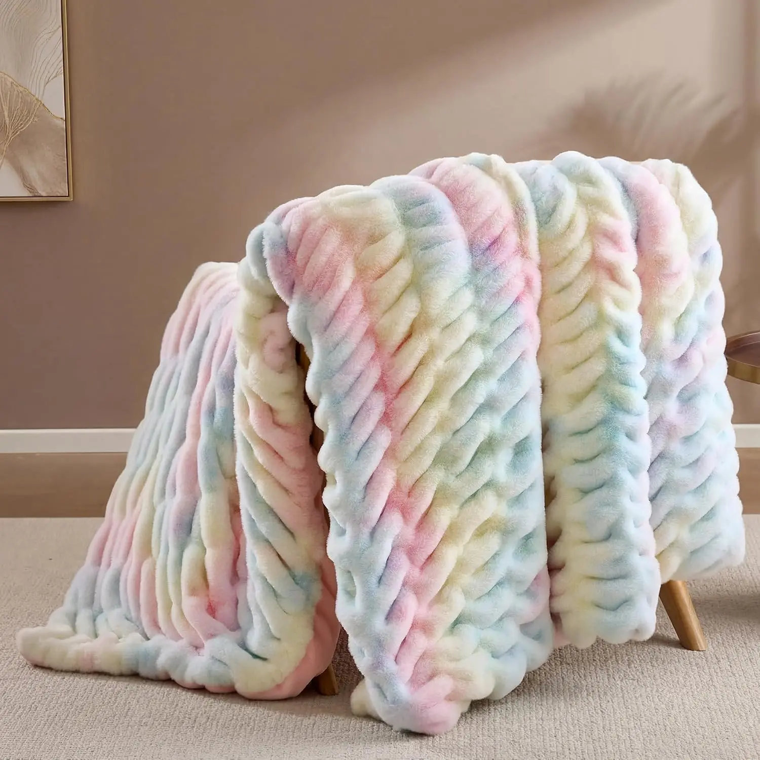 Rainbow Throw Blanket for Couch – Luxury Faux Rabbit Fur Blanket, Ultra Soft Fluffy Plush Fuzzy, Lightweight Warm Cozy Blanket for Bed Sofa, Colorful Aesthetic Room Decor Gift for Women 50"x60"