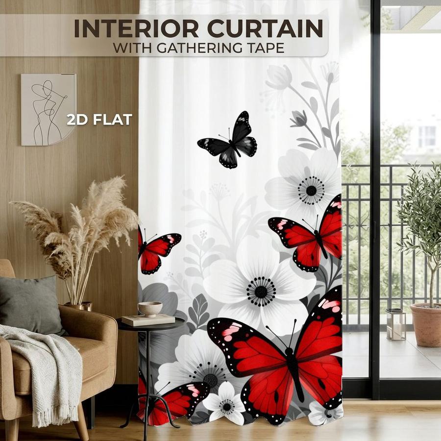 2Pcs Red Butterfly Floral Pattern Curtains Digital Printed Rod Pocket, Window Treatment For Bedroom Office Kitchen Living Room Study Home Decor