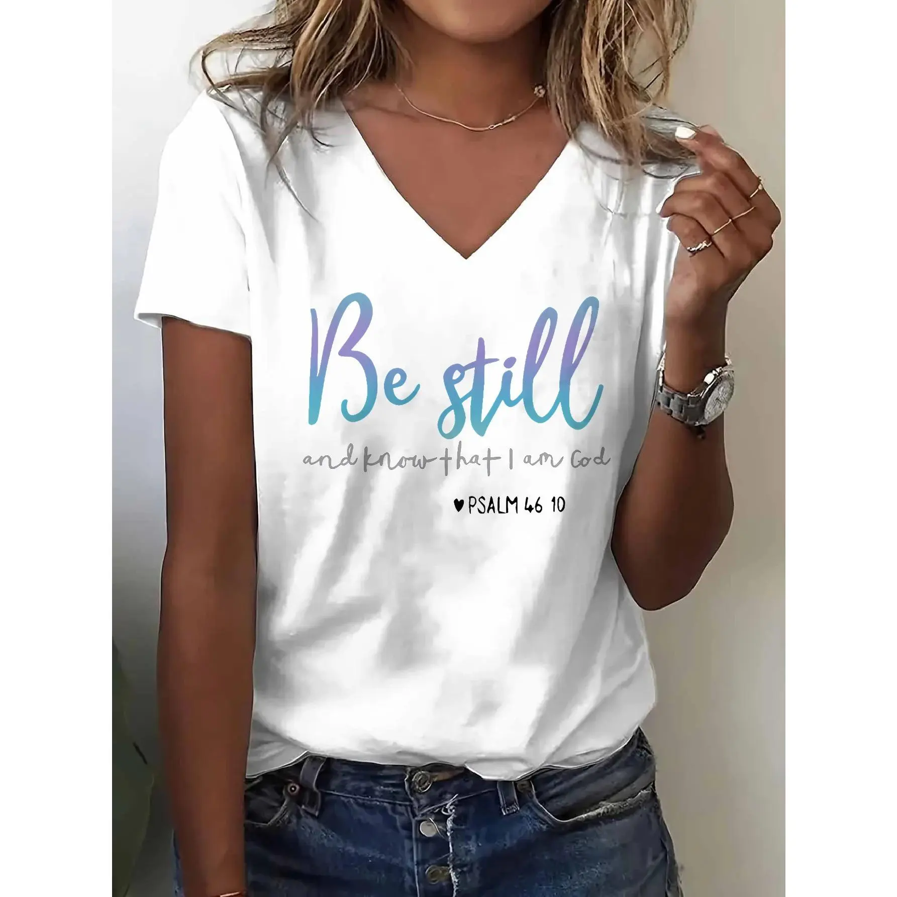 Daily Free Gift V-Neck 100% Women's T-Shirt, Suitable for Outings, Commuting, Vacation, and Various Occasions; Keep Faith T-Shirt