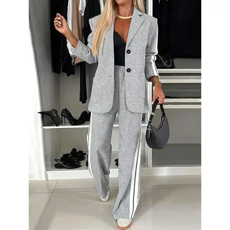 Women's Striped Print Blazer Jacket & Wide Leg Pants Set, Casual Fitted All Seasons Stylish Ladies Two Piece Suit Outfit