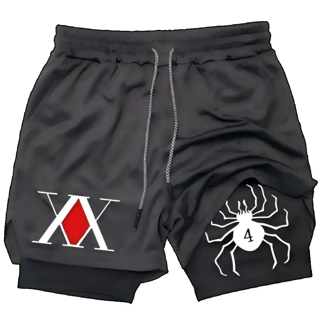 Trending Hunter x Hunter Hisoka Men's 2-in-1 Quick-Dry Athletic Gym Shorts, Anime Graphic Compression Liner Running Workout Training Shorts, Breathable Lightweight Sports Activewear for Fitness, Basketball, Outdoor, Summer Holiday Gift for Anime Fans