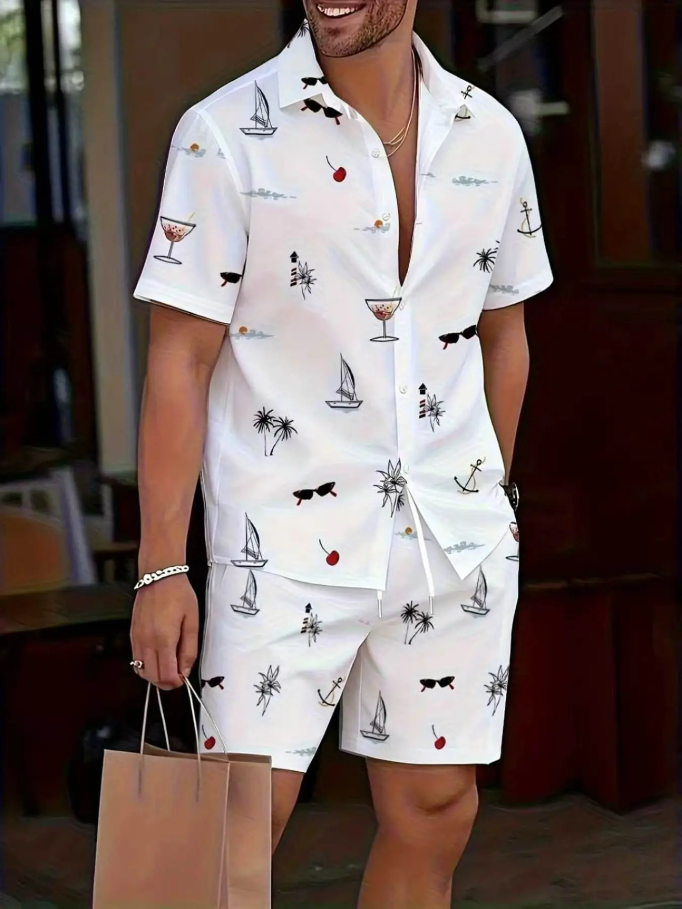 Men's Short Sleeve Shirt and Shorts Set, Polyester, Nautical Design, Beach Poolside Casual, Breathable