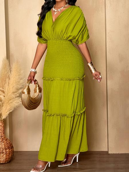 Aliling Elegant Women Dress Waist Shirred Long Dresses V Neck Short Sleeve Slim Solid Female Bodycon Casual Daily Wear Clothing