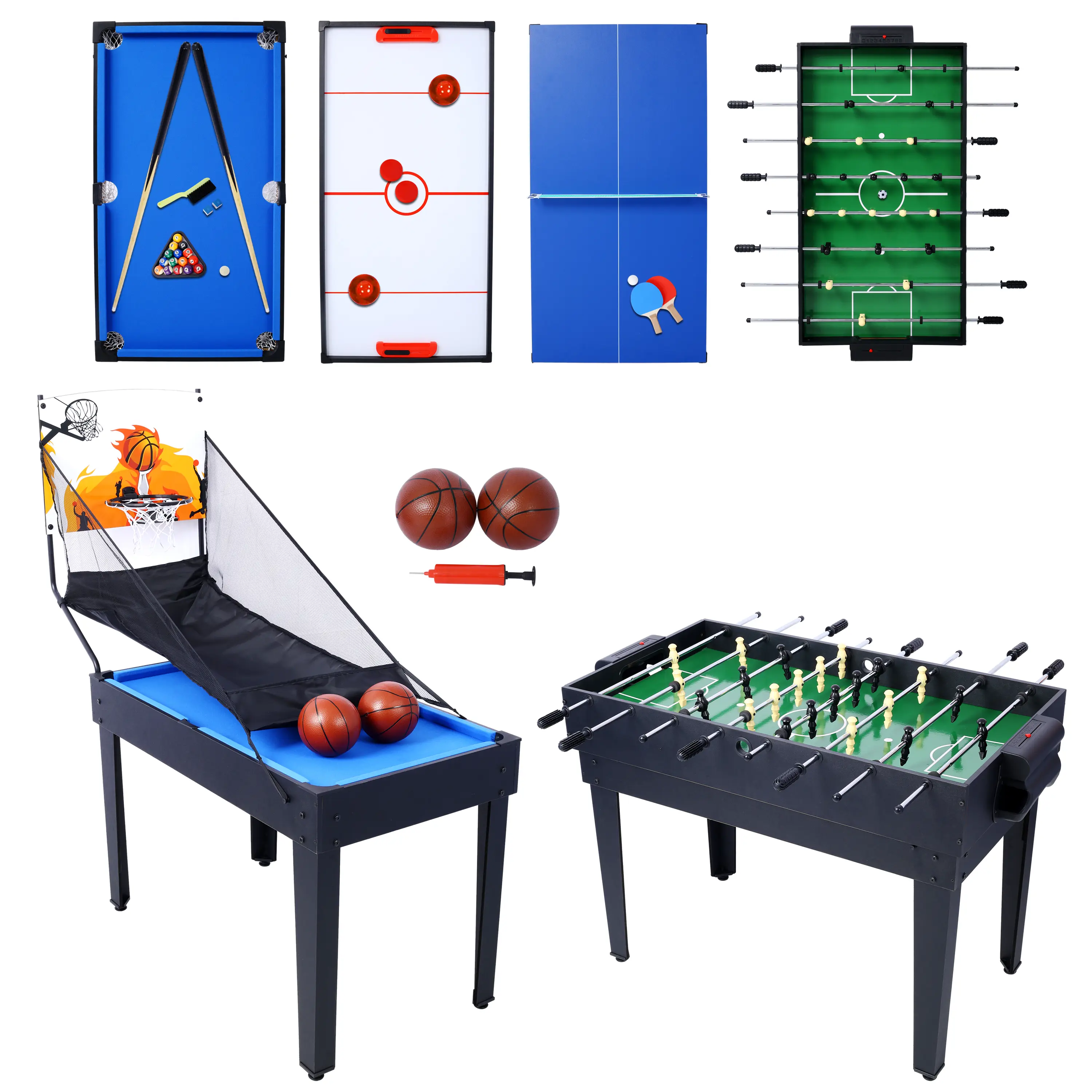 Nokaa 5-in-1 Multi-Game Table for Home – Billiards, Push Hockey, Foosball, Ping Pong & Basketball Combo with Accessories, MDF & Steel Frame, Black, Indoor Game Room Furniture