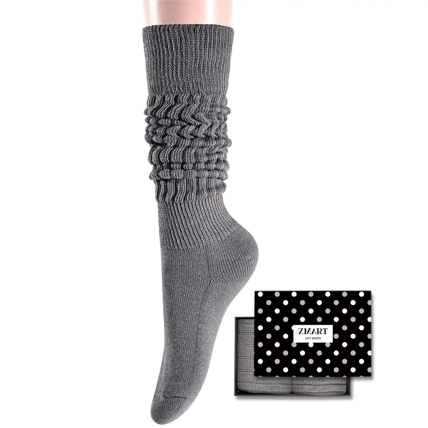 Zmart Funny Grey Socks for Women Teen Girls, Grey Slouch Socks, Grey Scrunch Socks, Thick Long High Knit Socks, Gifts for the 80s 90s, Vintage Solid Color Socks